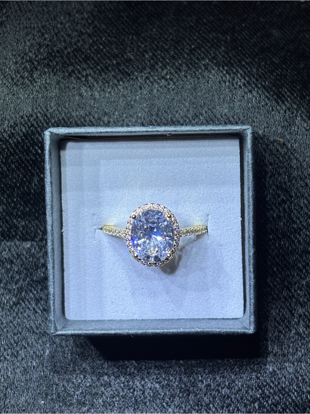 Yellow Gold AAA CZ Oval-Cut Halo Solitaire Ring Size 7 - Picture 3 of 15